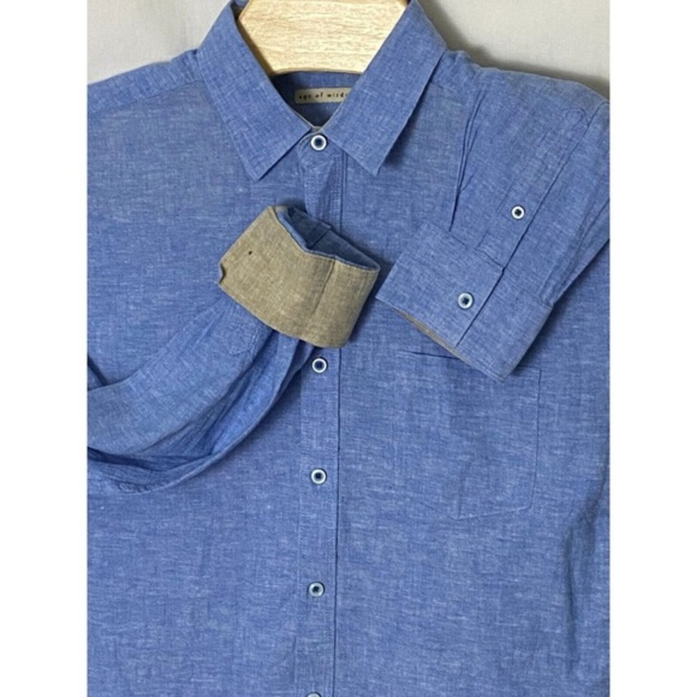 Age of Wisdom Mens XL Blue Long Sleeve Flip Cuffs Linen Cotton Shirt - Picture 3 of 7